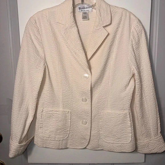 Pendleton Womens Ivory Seersucker Cotton Blazer Jacket Button Front Small - Picture 3 of 8